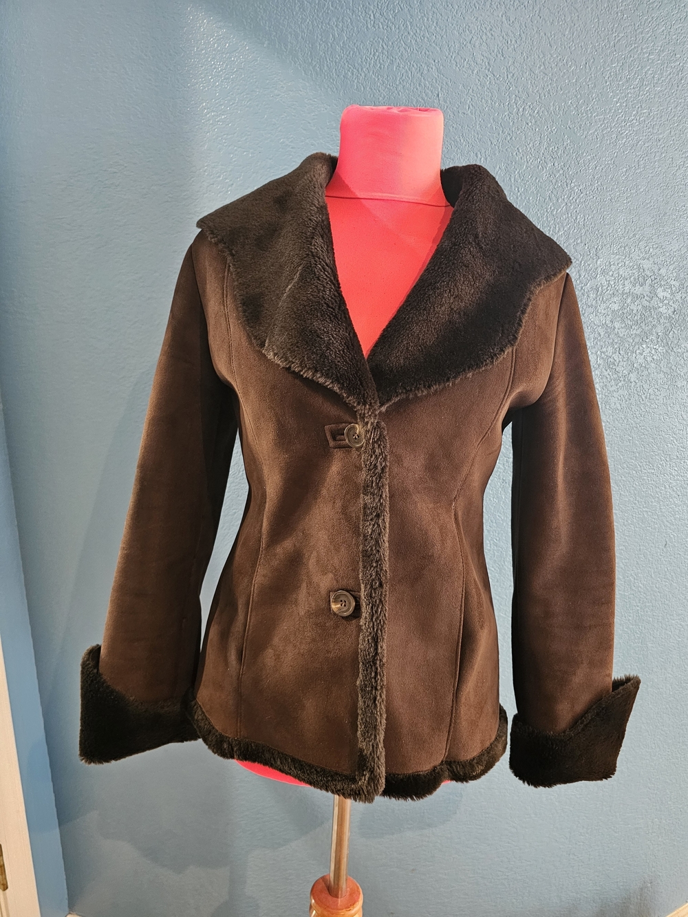 Calvin Klein Brown Faux-Suede Shearling-Trim Jacket